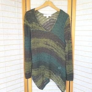Open Weave Long Sleeve Sweater Shades of Green Boho Asymmetrical Slouchy Size XL